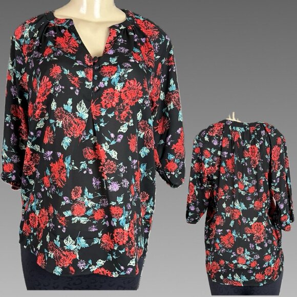 Jessica London 12 Black-Coral Red Floral Button Split Neckline 3/4 Sleeve Blouse - Picture 1 of 6